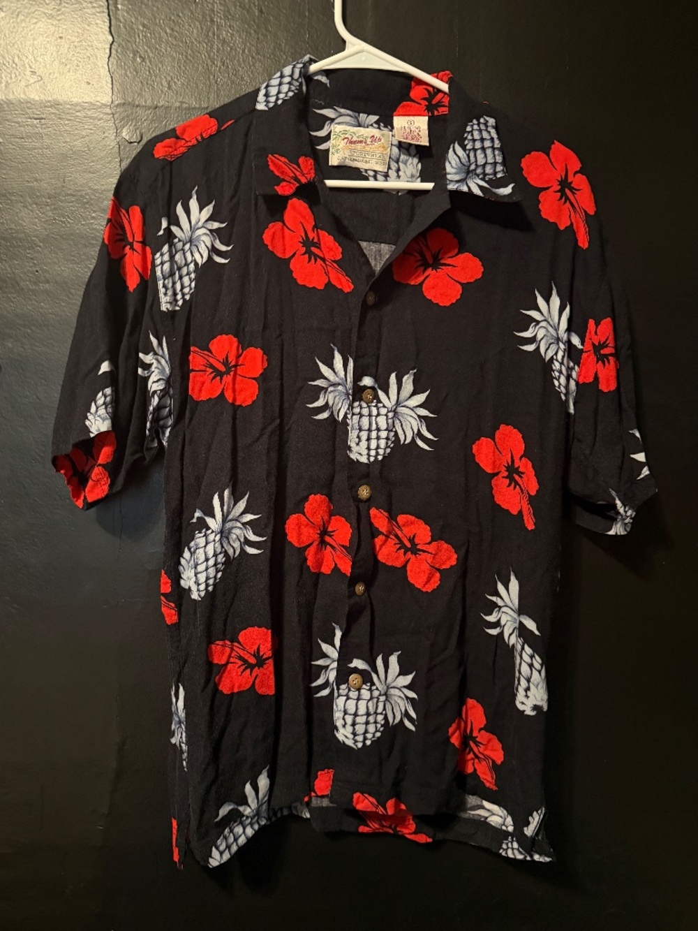 Vintage Thumbs Up Hawaiian Shirt Mens Small Black Rayon Hibiscus Pineapple Camp